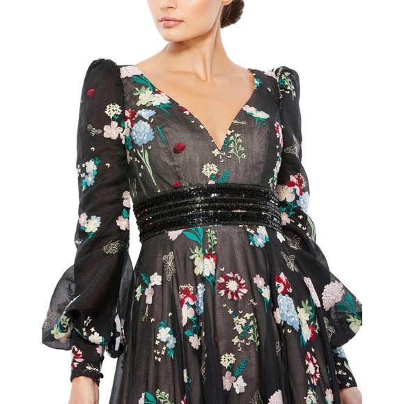 Mac Duggal Embroidered Bishop‎ Sleeve  V-Neck Flowy Gown - Picture 3 of 12